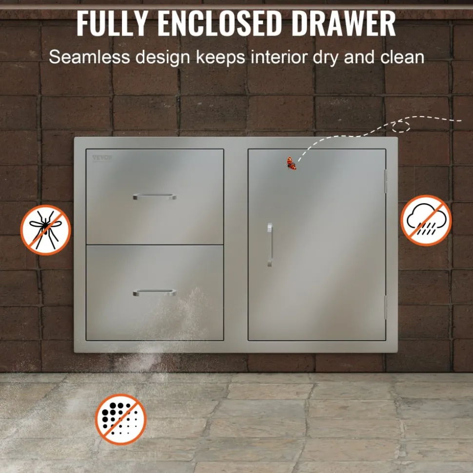 VEVOR Outdoor Kitchen Door Drawer Combo 32.5" W x 21.6" H x 20.5''D, Access Door/Double Drawers with Paper Towel Rack, BBQ Island Drawers with Stainless Steel Handles for Outdoor Kitchen