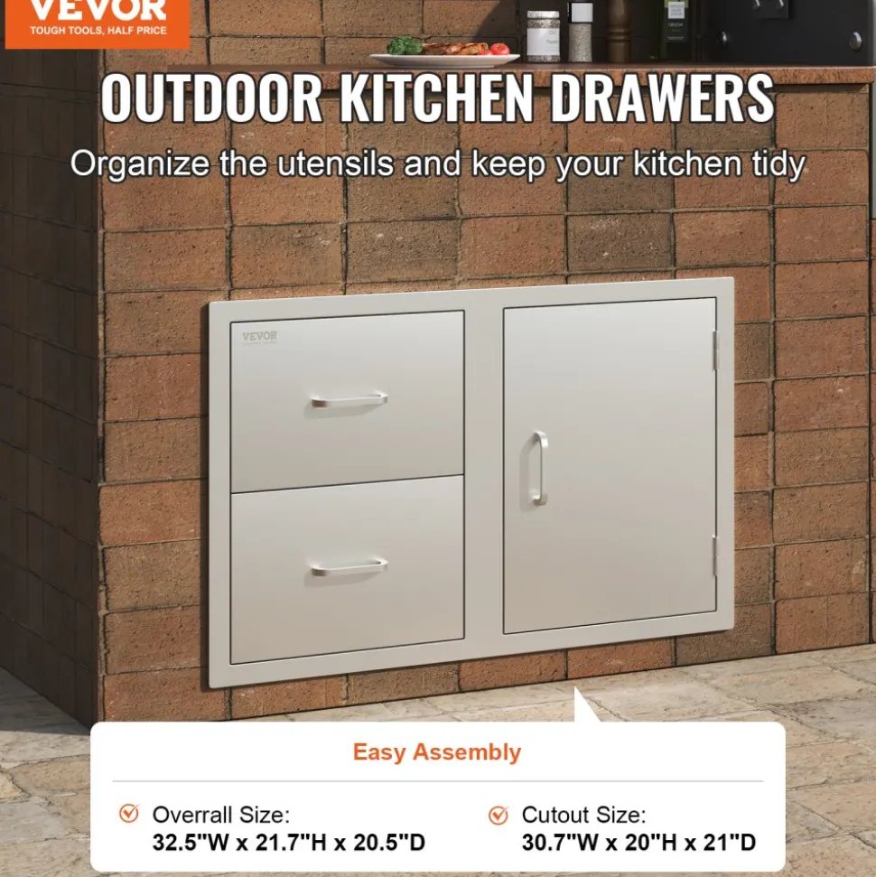 VEVOR Outdoor Kitchen Door Drawer Combo 32.5" W x 21.6" H x 20.5''D, Access Door/Double Drawers with Paper Towel Rack, BBQ Island Drawers with Stainless Steel Handles for Outdoor Kitchen