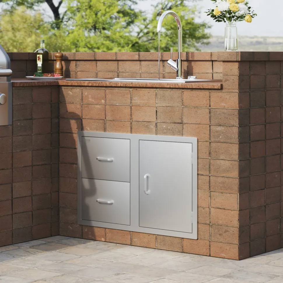 VEVOR Outdoor Kitchen Door Drawer Combo 32.5" W x 21.6" H x 20.5''D, Access Door/Double Drawers with Paper Towel Rack, BBQ Island Drawers with Stainless Steel Handles for Outdoor Kitchen