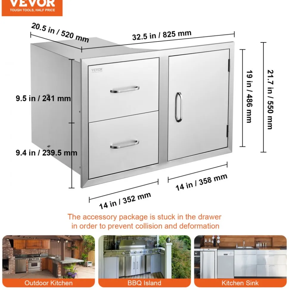 VEVOR Outdoor Kitchen Door Drawer Combo 32.5" W x 21.6" H x 20.5''D, Access Door/Double Drawers with Paper Towel Rack, BBQ Island Drawers with Stainless Steel Handles for Outdoor Kitchen