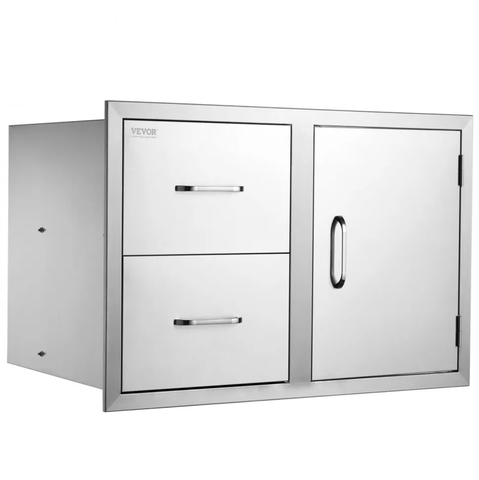 VEVOR Outdoor Kitchen Door Drawer Combo 32.5" W x 21.6" H x 20.5''D, Access Door/Double Drawers with Paper Towel Rack, BBQ Island Drawers with Stainless Steel Handles for Outdoor Kitchen