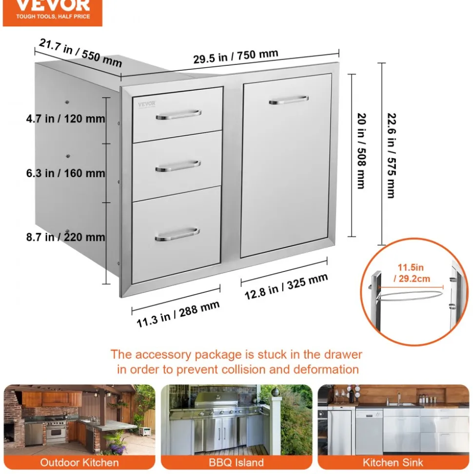 VEVOR Outdoor Kitchen Door Drawer Combo 29.5" W x 22.6" H x 21.7''D, Access Door/Triple Drawers with Propane Drawer and Adjustable Garbage Ring, Perfect for BBQ Island Patio Grill Station