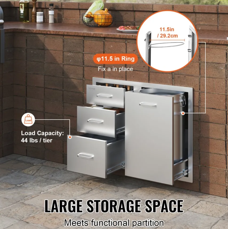 VEVOR Outdoor Kitchen Door Drawer Combo 29.5" W x 22.6" H x 21.7''D, Access Door/Triple Drawers with Propane Drawer and Adjustable Garbage Ring, Perfect for BBQ Island Patio Grill Station