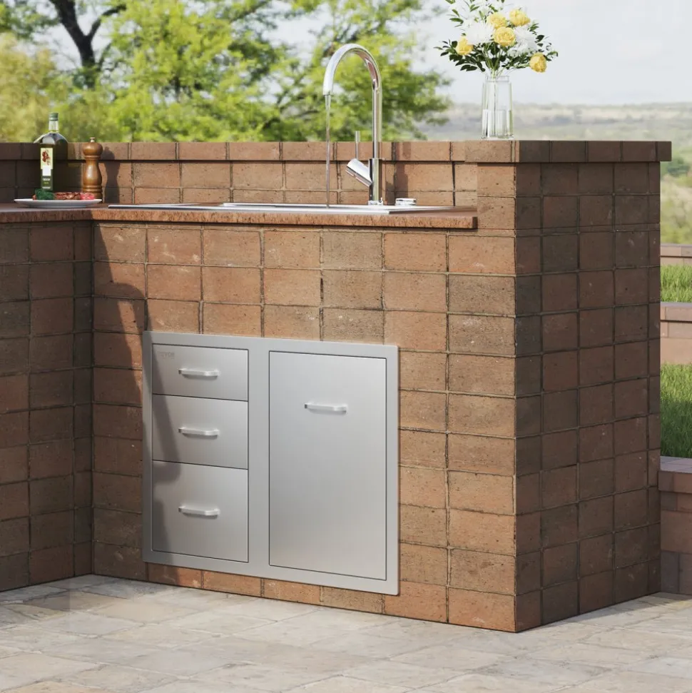 VEVOR Outdoor Kitchen Door Drawer Combo 29.5" W x 22.6" H x 21.7''D, Access Door/Triple Drawers with Propane Drawer and Adjustable Garbage Ring, Perfect for BBQ Island Patio Grill Station