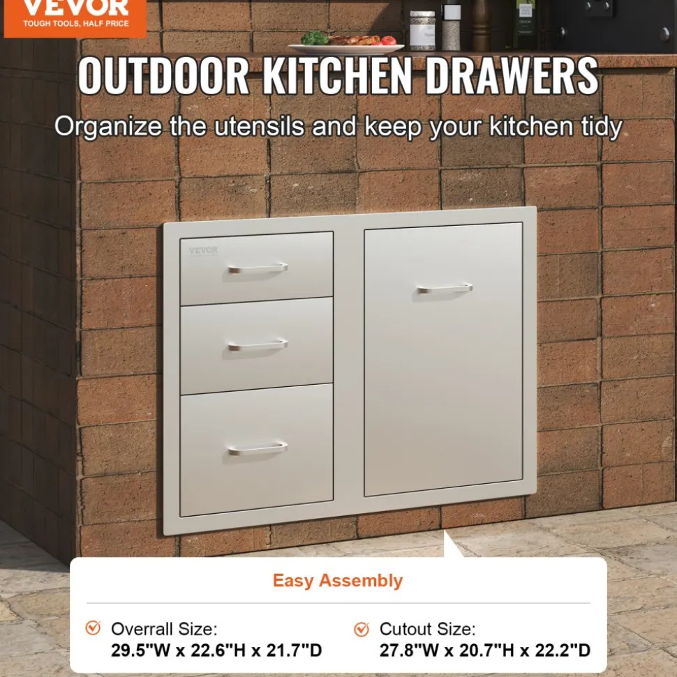 VEVOR Outdoor Kitchen Door Drawer Combo 29.5" W x 22.6" H x 21.7''D, Access Door/Triple Drawers with Propane Drawer and Adjustable Garbage Ring, Perfect for BBQ Island Patio Grill Station