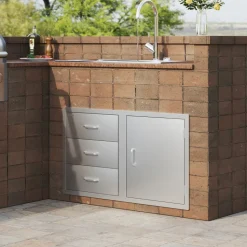 VEVOR Outdoor Kitchen Door Drawer Combo 38.1''W x 22.6''H x 20.8''D, BBQ Access Door/Triple Drawers Combo with Stainless Steel Handles, Perfect for BBQ Island Patio Grill Station