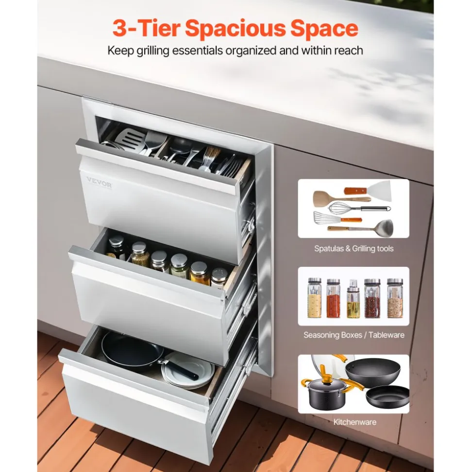VEVOR Outdoor Kitchen Drawers 15" W x 25.4" H x 19" D, Box Frame Style Flush Mount BBQ Drawers with Stainless Steel Handle, BBQ Island Drawers for Outdoor Kitchens or Patio Grill Station