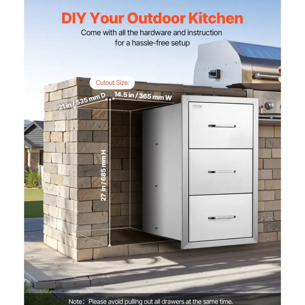 VEVOR Outdoor Kitchen Drawers 16" W x 28.5" H x 20.5" D, Flush Mount Triple Access BBQ Drawers Stainless Steel with Handle, BBQ Island Drawers for Outdoor Kitchens or Patio Grill Station