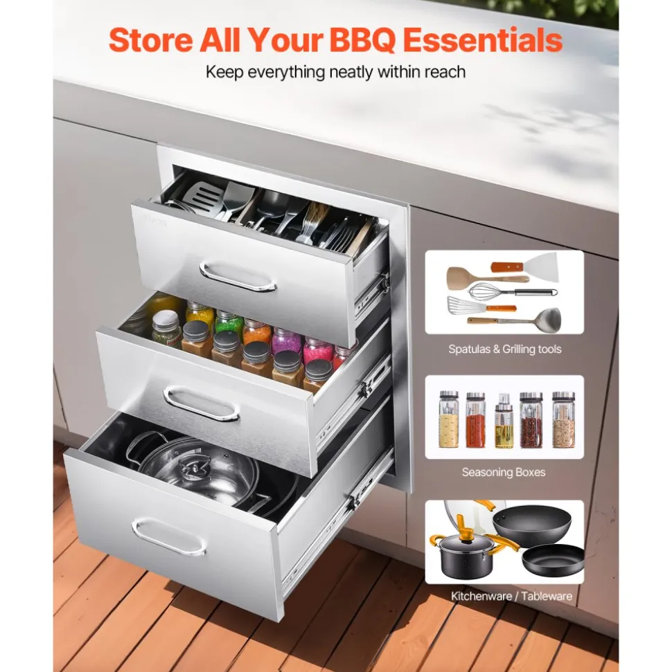 VEVOR Outdoor Kitchen Drawers 18.11" W x 23.23" D x 23.23" H, Triple-Access Stainless Steel Modular Drawer Cabinet with Handles, BBQ Island Drawer for Outdoor Kitchen or BBQ Island Patio Grill Station