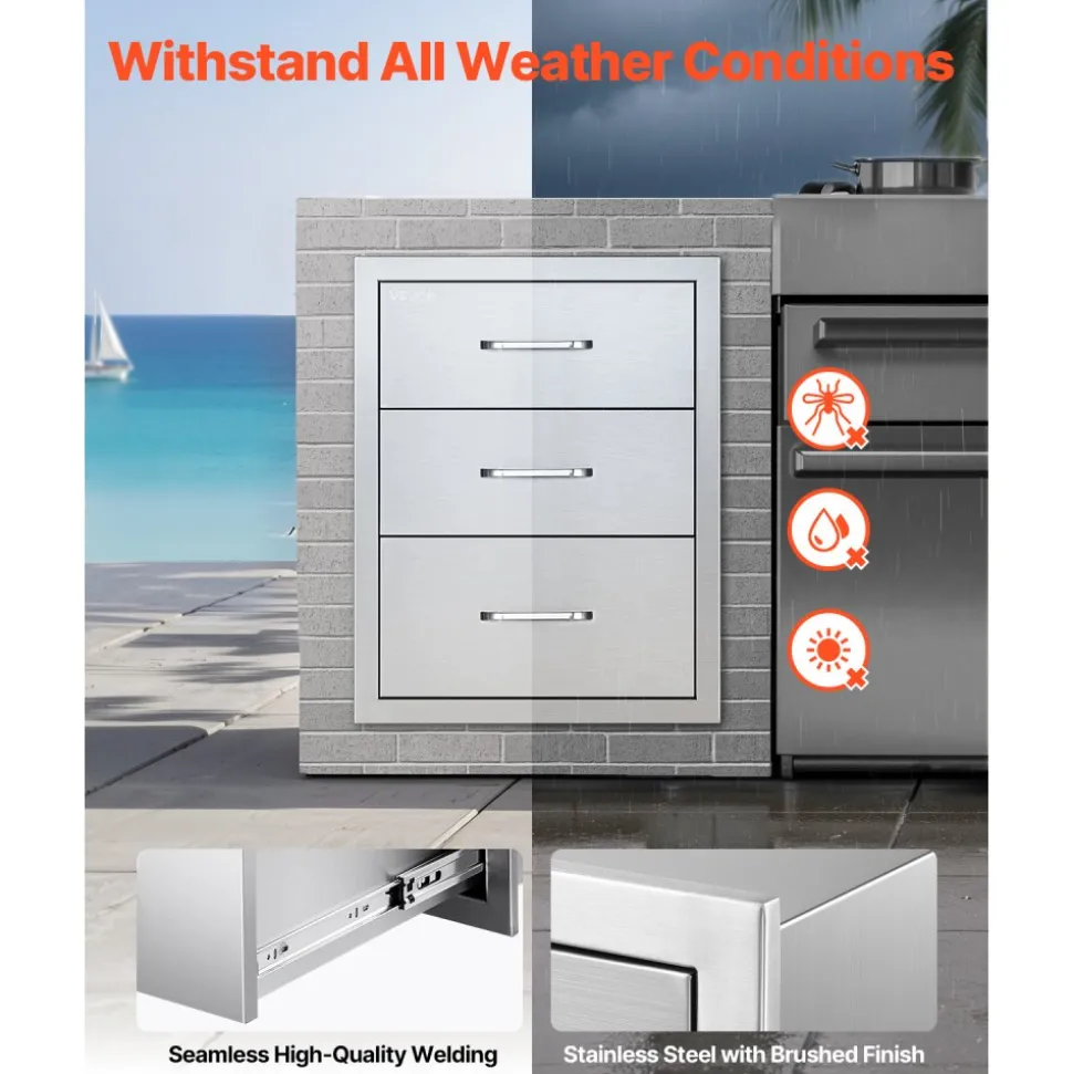 VEVOR Outdoor Kitchen Drawers 18.11" W x 23.23" D x 23.23" H, Triple-Access Stainless Steel Modular Drawer Cabinet with Handles, BBQ Island Drawer for Outdoor Kitchen or BBQ Island Patio Grill Station