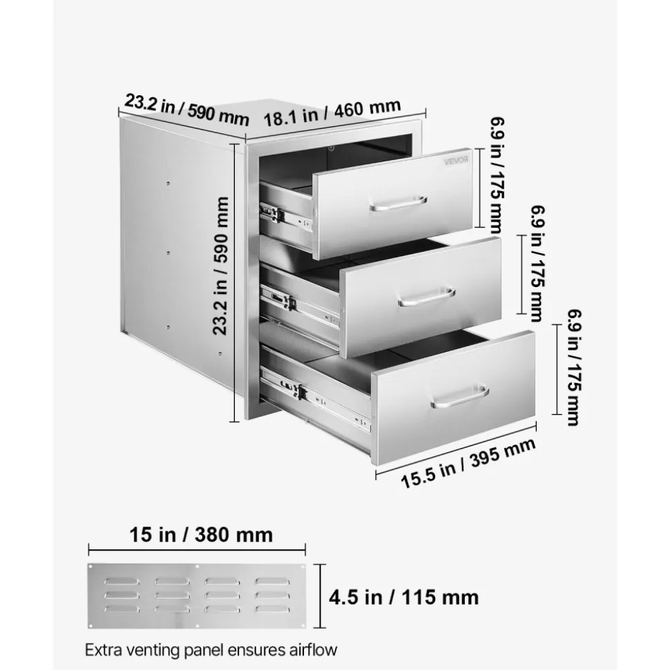 VEVOR Outdoor Kitchen Drawers 18.11" W x 23.23" D x 23.23" H, Triple-Access Stainless Steel Modular Drawer Cabinet with Handles, BBQ Island Drawer for Outdoor Kitchen or BBQ Island Patio Grill Station