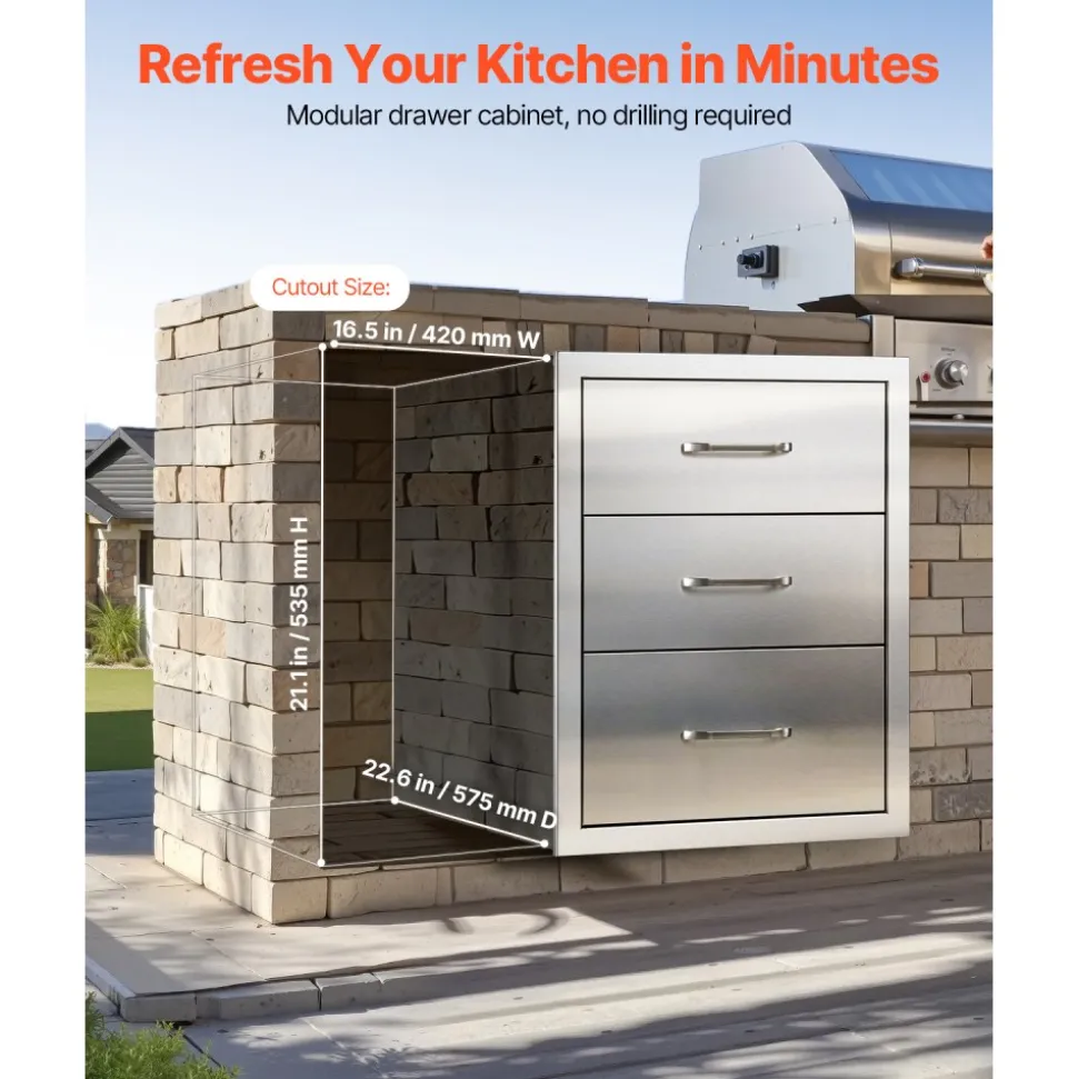 VEVOR Outdoor Kitchen Drawers 18.11" W x 23.23" D x 23.23" H, Triple-Access Stainless Steel Modular Drawer Cabinet with Handles, BBQ Island Drawer for Outdoor Kitchen or BBQ Island Patio Grill Station