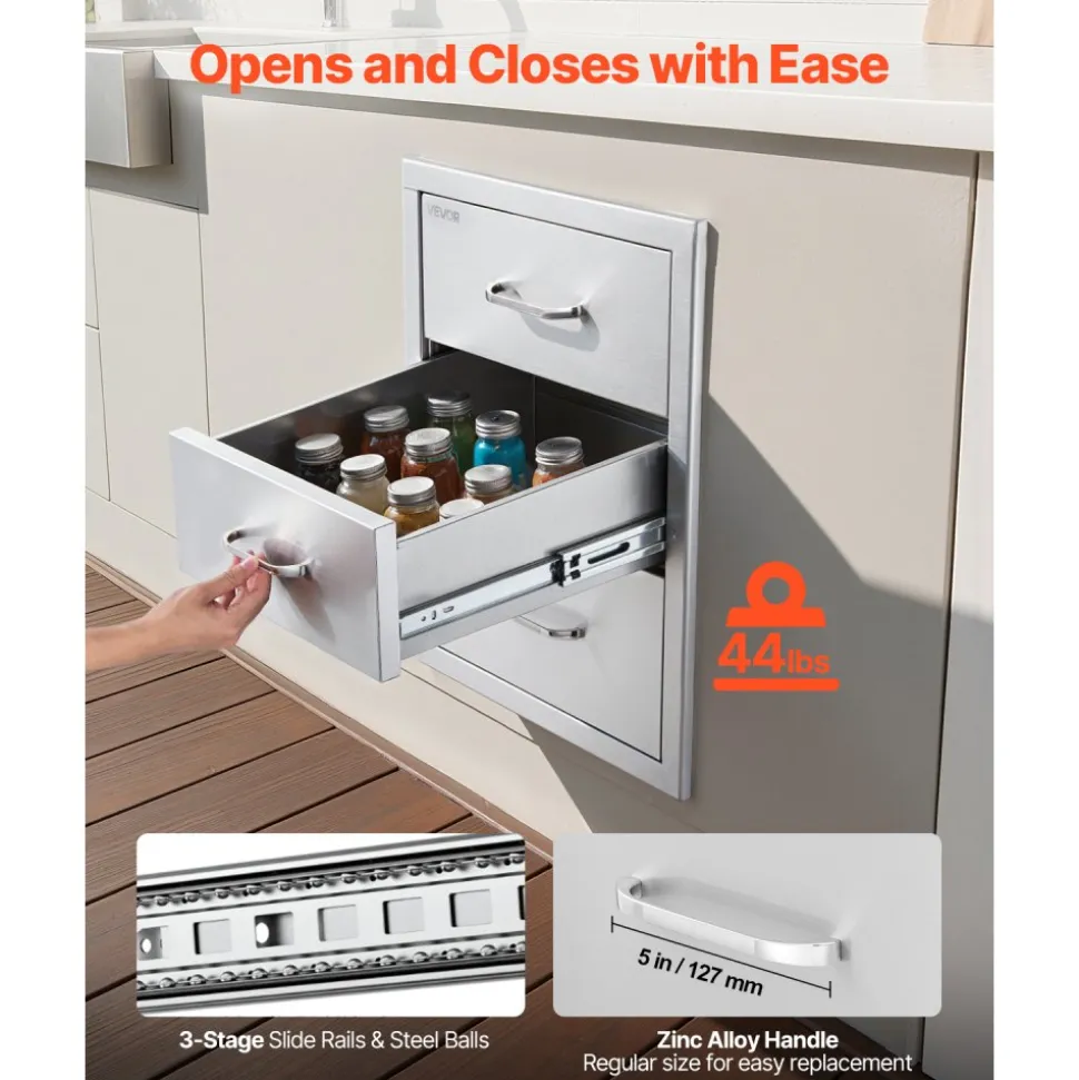 VEVOR Outdoor Kitchen Drawers 18.11"W x 23.23"D x 23.23"H, Triple-Access Stainless Steel BBQ Drawers with Handles, BBQ Island Drawer for Outdoor Kitchens or Barbeque Island Patio Grill Station