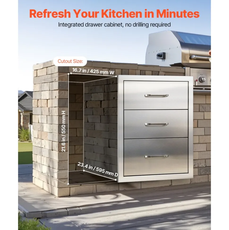 VEVOR Outdoor Kitchen Drawers 18.11"W x 23.23"D x 23.23"H, Triple-Access Stainless Steel BBQ Drawers with Handles, BBQ Island Drawer for Outdoor Kitchens or Barbeque Island Patio Grill Station