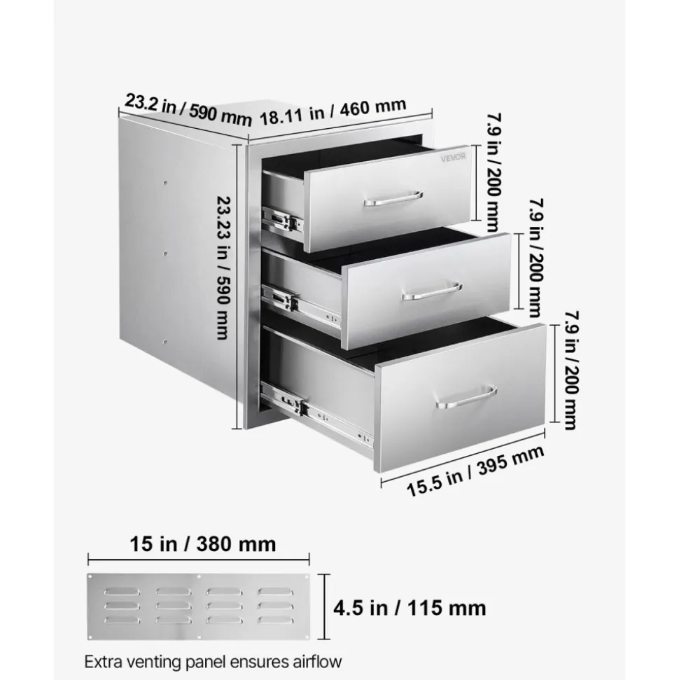 VEVOR Outdoor Kitchen Drawers 18.11"W x 23.23"D x 23.23"H, Triple-Access Stainless Steel BBQ Drawers with Handles, BBQ Island Drawer for Outdoor Kitchens or Barbeque Island Patio Grill Station