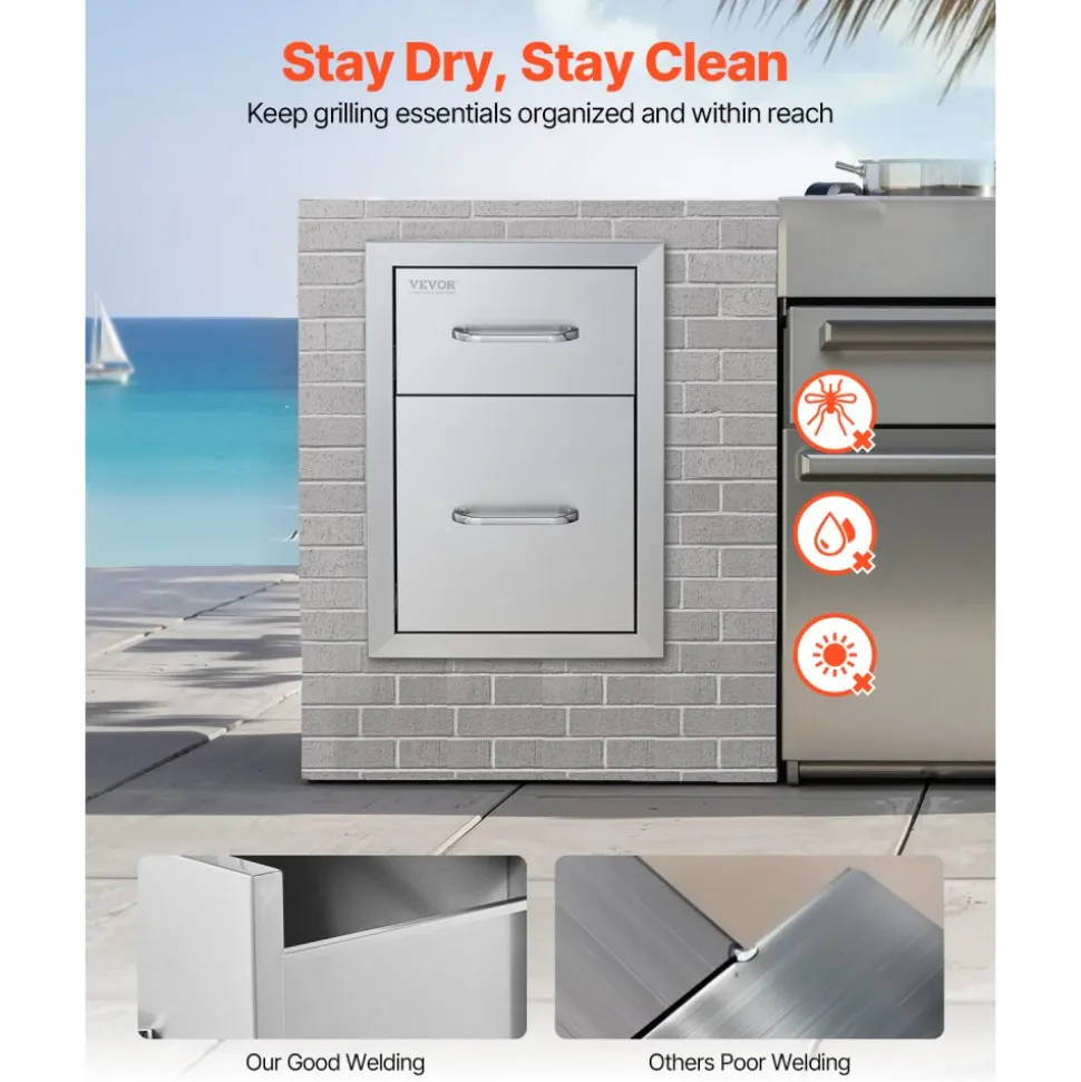 VEVOR Outdoor Kitchen Drawers 13" W x 20.4" H x 20.8" D, Flush Mount Double BBQ Access Drawers with Stainless Steel Handle, BBQ Island Drawers for Outdoor Kitchens or Patio Grill Station