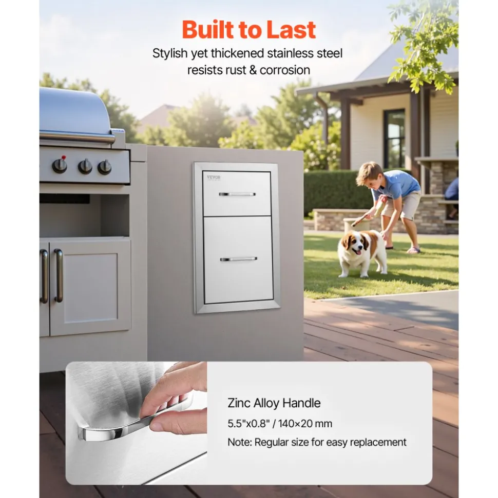 VEVOR Outdoor Kitchen Drawers 13" W x 20.4" H x 20.8" D, Flush Mount Double BBQ Access Drawers with Stainless Steel Handle, BBQ Island Drawers for Outdoor Kitchens or Patio Grill Station