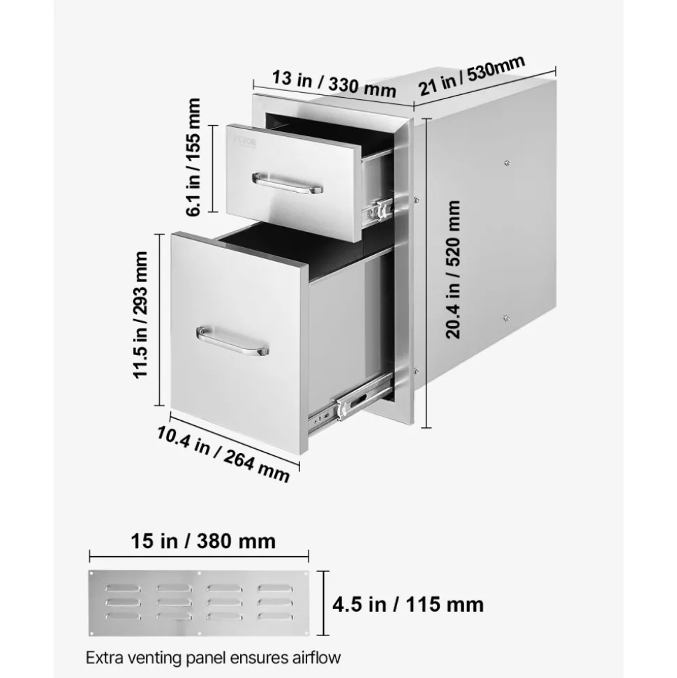 VEVOR Outdoor Kitchen Drawers 13" W x 20.4" H x 20.8" D, Flush Mount Double BBQ Access Drawers with Stainless Steel Handle, BBQ Island Drawers for Outdoor Kitchens or Patio Grill Station