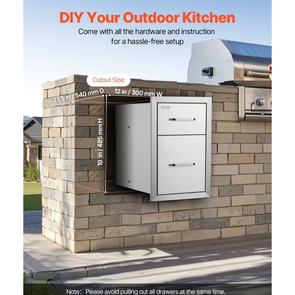 VEVOR Outdoor Kitchen Drawers 13" W x 20.4" H x 20.8" D, Flush Mount Double BBQ Access Drawers with Stainless Steel Handle, BBQ Island Drawers for Outdoor Kitchens or Patio Grill Station