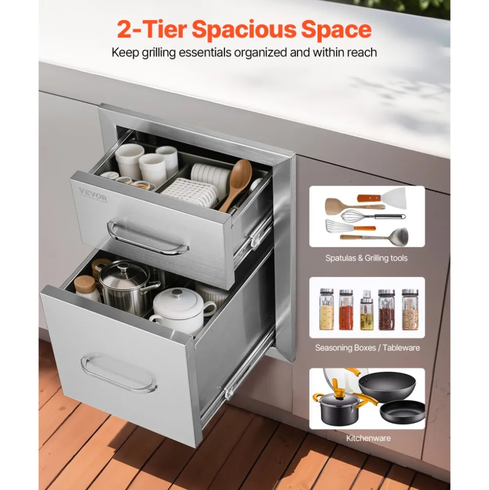 VEVOR Outdoor Kitchen Drawers 13" W x 20.4" H x 20.8" D, Flush Mount Double BBQ Access Drawers with Stainless Steel Handle, BBQ Island Drawers for Outdoor Kitchens or Patio Grill Station