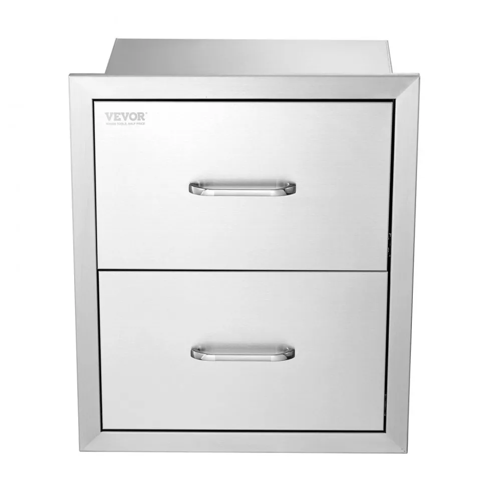 VEVOR Outdoor Kitchen Drawers 17.8W x 20.2H x 12.2D Inch, Flush Mount Double BBQ Drawers Stainless Steel with Handle, BBQ Island Drawers for Outdoor Kitchens or Patio Grill Station