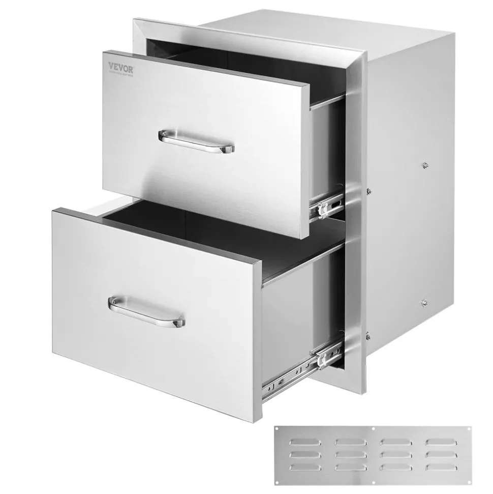 VEVOR Outdoor Kitchen Drawers 17.8W x 20.2H x 12.2D Inch, Flush Mount Double BBQ Drawers Stainless Steel with Handle, BBQ Island Drawers for Outdoor Kitchens or Patio Grill Station