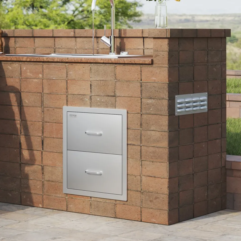 VEVOR Outdoor Kitchen Drawers 17.8W x 20.2H x 12.2D Inch, Flush Mount Double BBQ Drawers Stainless Steel with Handle, BBQ Island Drawers for Outdoor Kitchens or Patio Grill Station