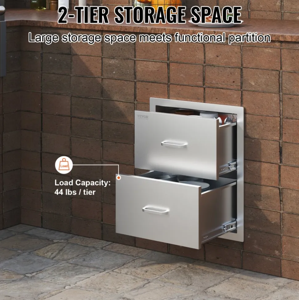 VEVOR Outdoor Kitchen Drawers 17.8W x 20.2H x 12.2D Inch, Flush Mount Double BBQ Drawers Stainless Steel with Handle, BBQ Island Drawers for Outdoor Kitchens or Patio Grill Station