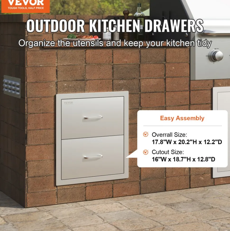 VEVOR Outdoor Kitchen Drawers 17.8W x 20.2H x 12.2D Inch, Flush Mount Double BBQ Drawers Stainless Steel with Handle, BBQ Island Drawers for Outdoor Kitchens or Patio Grill Station
