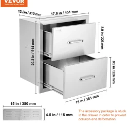 VEVOR Outdoor Kitchen Drawers 17.8W x 20.2H x 12.2D Inch, Flush Mount Double BBQ Drawers Stainless Steel with Handle, BBQ Island Drawers for Outdoor Kitchens or Patio Grill Station