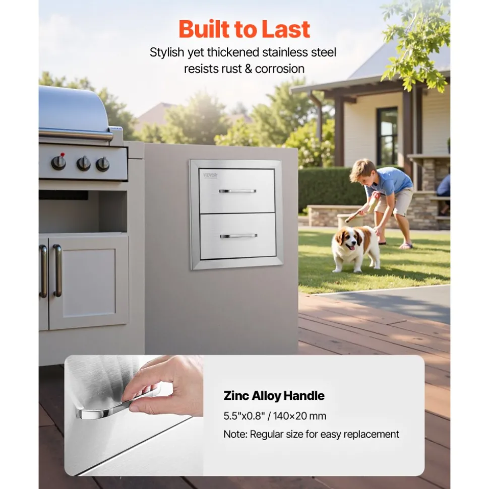 VEVOR Outdoor Kitchen Drawers 14W x 14.4H x 23D Inch, Flush Mount Double BBQ Drawers Stainless Steel with Handle, BBQ Island Drawers for Outdoor Kitchens or Grill Station