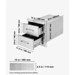 VEVOR Outdoor Kitchen Drawers 14W x 14.4H x 23D Inch, Flush Mount Double BBQ Drawers Stainless Steel with Handle, BBQ Island Drawers for Outdoor Kitchens or Grill Station