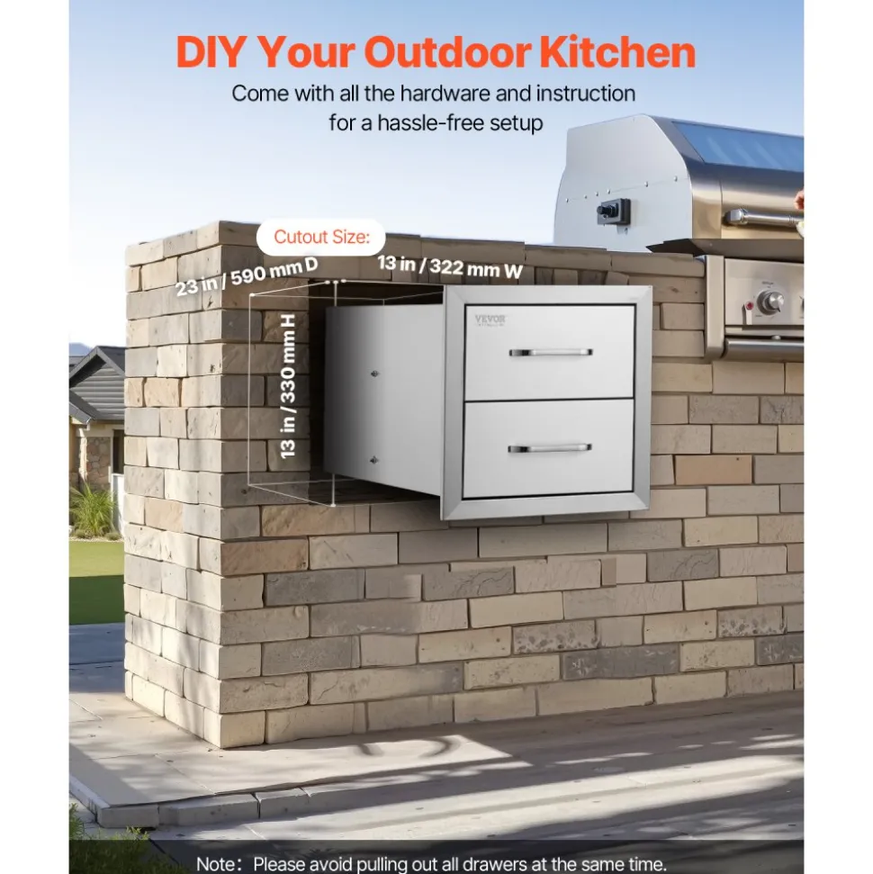 VEVOR Outdoor Kitchen Drawers 14W x 14.4H x 23D Inch, Flush Mount Double BBQ Drawers Stainless Steel with Handle, BBQ Island Drawers for Outdoor Kitchens or Grill Station