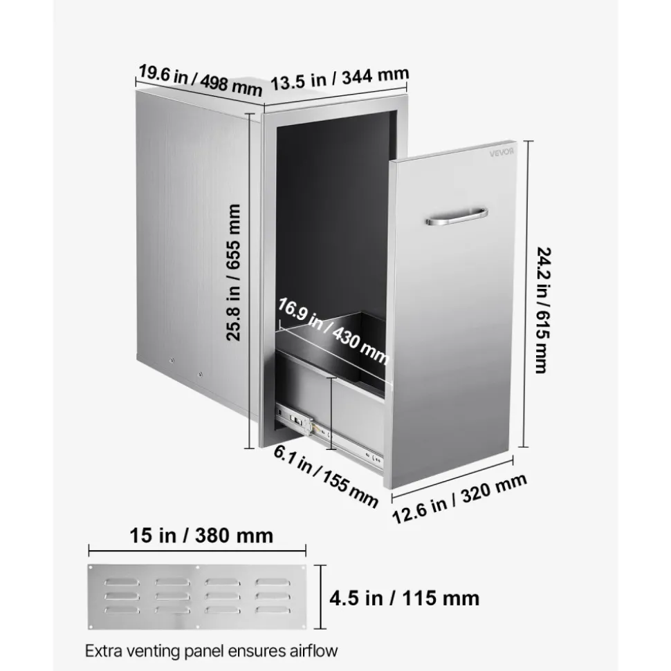 VEVOR Outdoor Kitchen Trash Drawer, 13.54"W x 19.61"D x 25.79"H Interior Storage, Multi-Purpose Outdoor Kitchen Drawers Stainless Steel, 55 lbs Max Capacity per Tier, for Outdoors BBQ Island Kitchens