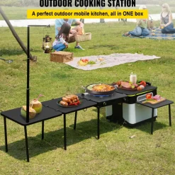 VEVOR Outdoor Mobile Kitchen, Portable Multifunctional Camp Box with Wheels All in One Integrated Cooking Station with Windproof Stove, Folding Tables Storage Organizer, Black