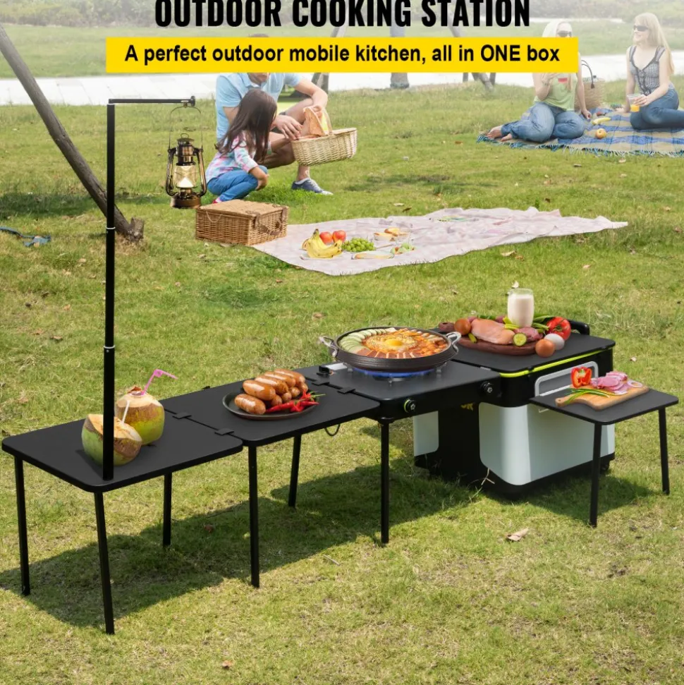 VEVOR Outdoor Mobile Kitchen, Portable Multifunctional Camp Box with Wheels All in One Integrated Cooking Station with Windproof Stove, Folding Tables Storage Organizer, Black