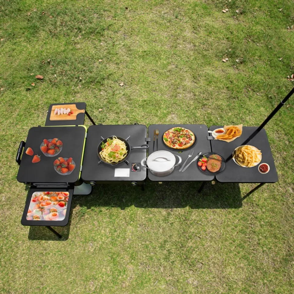 VEVOR Outdoor Mobile Kitchen, Portable Multifunctional Camp Box with Wheels All in One Integrated Cooking Station with Windproof Stove, Folding Tables Storage Organizer, Black