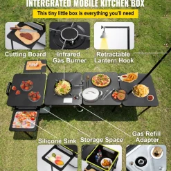 VEVOR Outdoor Mobile Kitchen, Portable Multifunctional Camp Box with Wheels All in One Integrated Cooking Station with Windproof Stove, Folding Tables Storage Organizer, Black