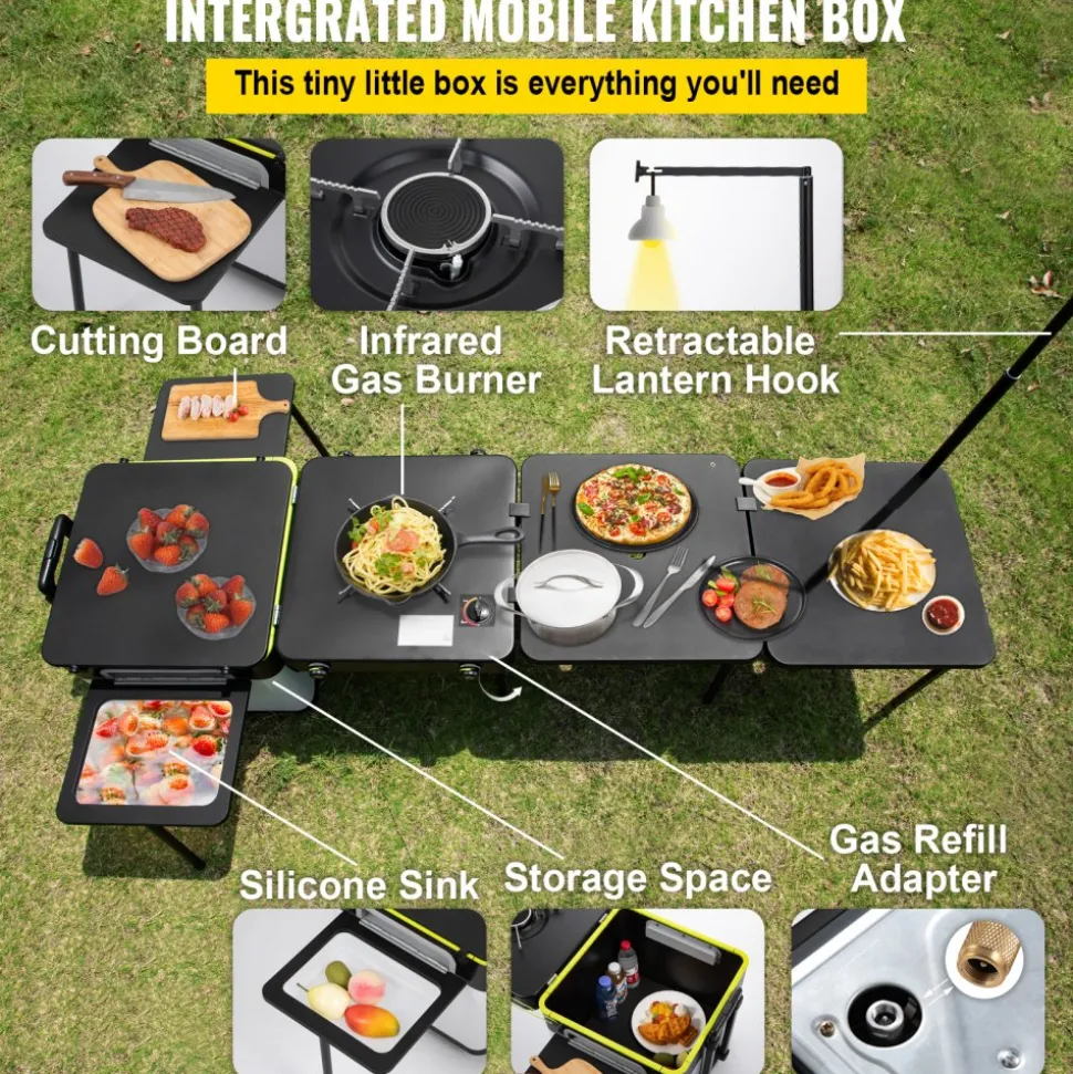 VEVOR Outdoor Mobile Kitchen, Portable Multifunctional Camp Box with Wheels All in One Integrated Cooking Station with Windproof Stove, Folding Tables Storage Organizer, Black