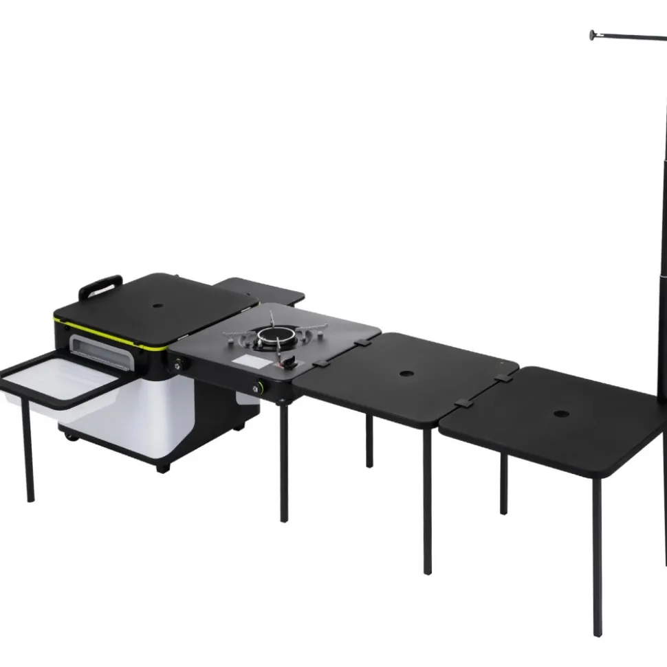 VEVOR Outdoor Mobile Kitchen, Portable Multifunctional Camp Box with Wheels All in One Integrated Cooking Station with Windproof Stove, Folding Tables Storage Organizer, Black