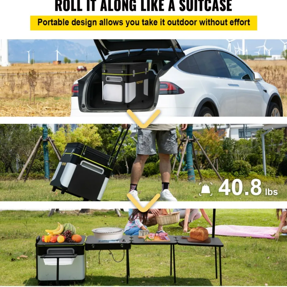 VEVOR Outdoor Mobile Kitchen, Portable Multifunctional Camp Box with Wheels All in One Integrated Cooking Station with Windproof Stove, Folding Tables Storage Organizer, Black