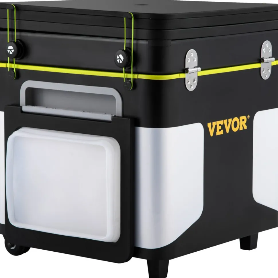 VEVOR Outdoor Mobile Kitchen, Portable Multifunctional Camp Box with Wheels All in One Integrated Cooking Station with Windproof Stove, Folding Tables Storage Organizer, Black