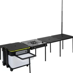 VEVOR Outdoor Mobile Kitchen, Portable Multifunctional Camp Box with Wheels All in One Integrated Cooking Station with Windproof Stove, Folding Tables Storage Organizer, Black