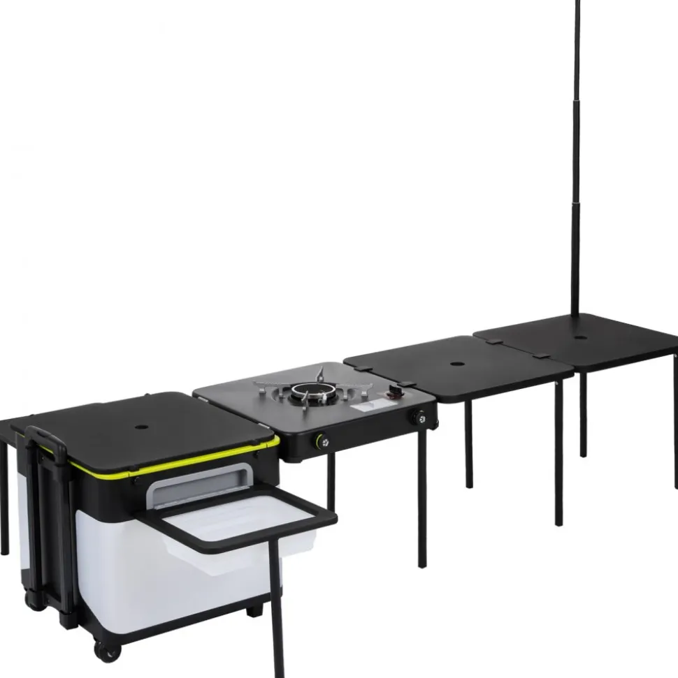 VEVOR Outdoor Mobile Kitchen, Portable Multifunctional Camp Box with Wheels All in One Integrated Cooking Station with Windproof Stove, Folding Tables Storage Organizer, Black