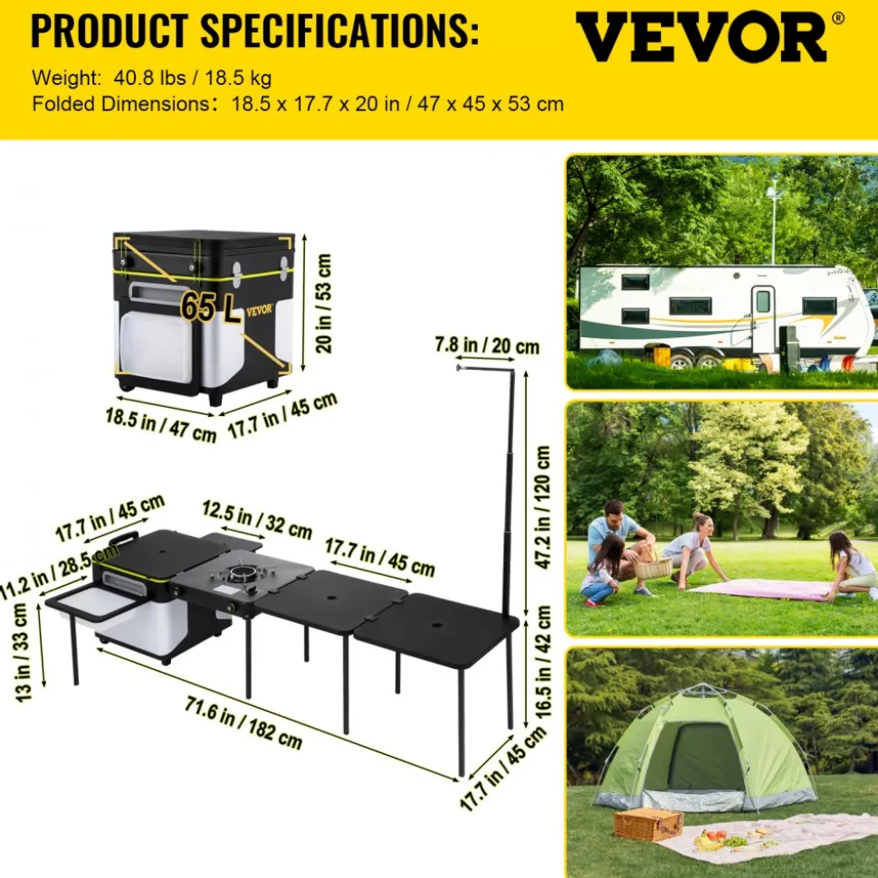 VEVOR Outdoor Mobile Kitchen, Portable Multifunctional Camp Box with Wheels All in One Integrated Cooking Station with Windproof Stove, Folding Tables Storage Organizer, Black