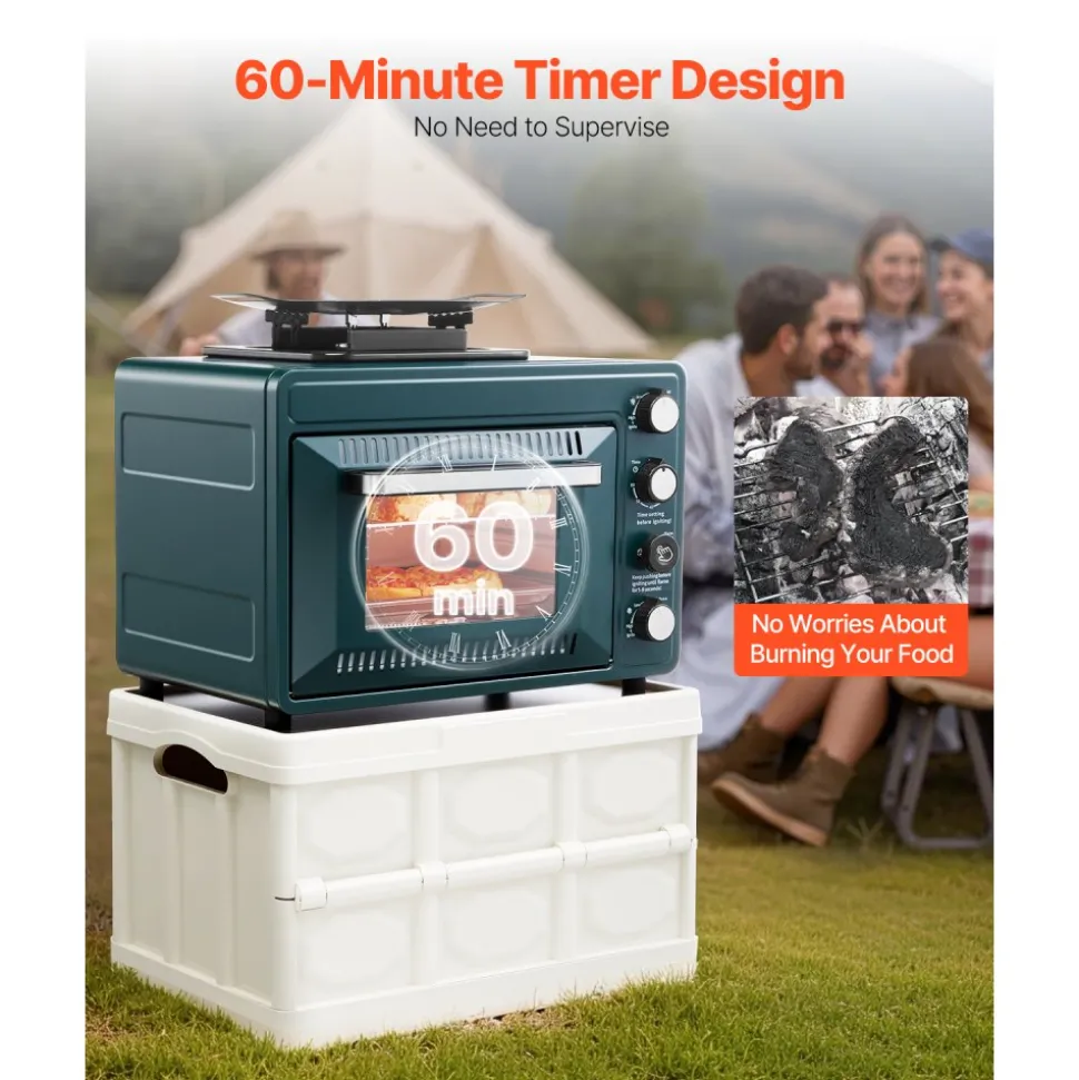 VEVOR Outdoor Oven, 2-in-1 Portable Gas Camping Stove Oven Combo, Adjustable Fire, 60-Minute Timer, Windproof, with Grill Shelf and Roasting Tray, for Camping Gear Backyard Picnic Outdoor Cooking