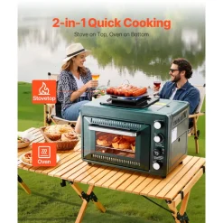 VEVOR Outdoor Oven, 2-in-1 Portable Gas Camping Stove Oven Combo, Adjustable Fire, 60-Minute Timer, Windproof, with Grill Shelf and Roasting Tray, for Camping Gear Backyard Picnic Outdoor Cooking