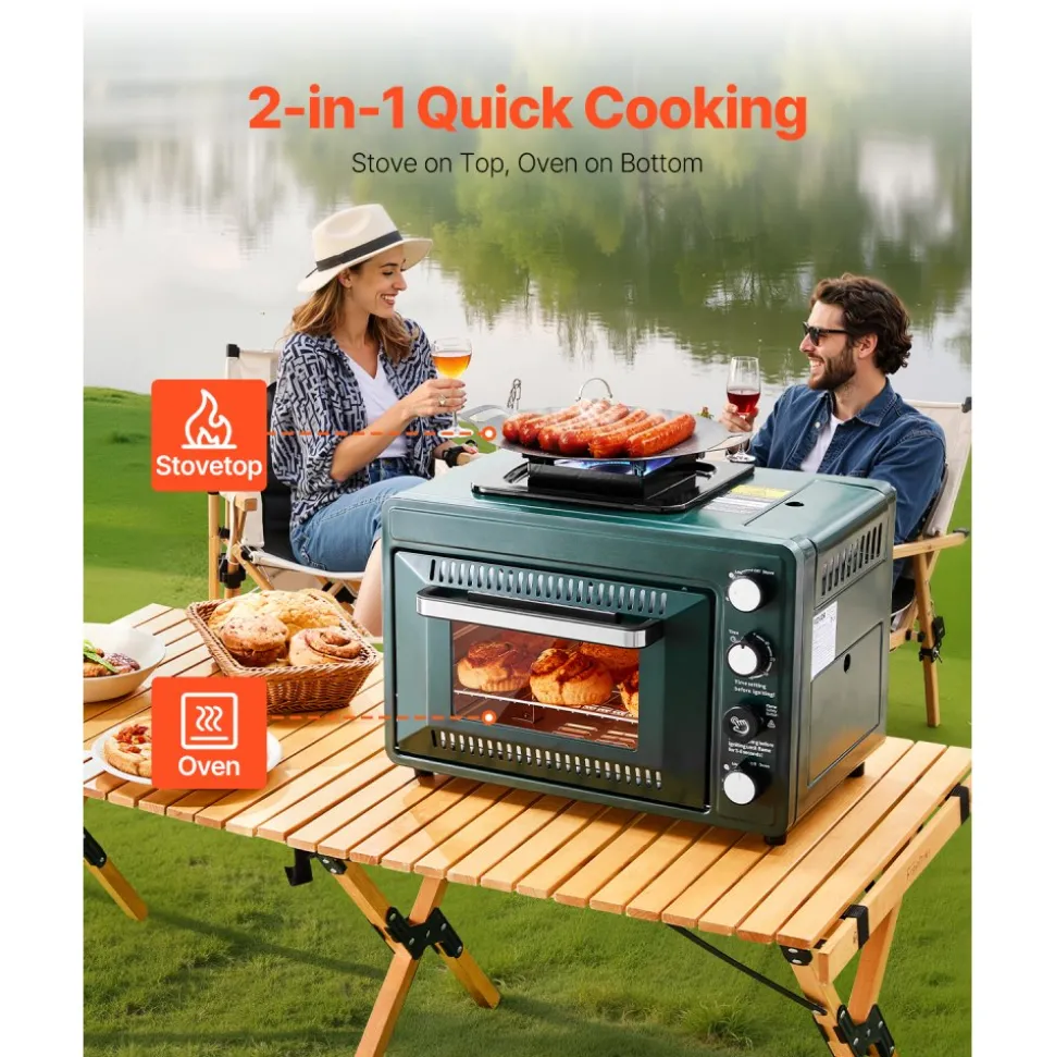 VEVOR Outdoor Oven, 2-in-1 Portable Gas Camping Stove Oven Combo, Adjustable Fire, 60-Minute Timer, Windproof, with Grill Shelf and Roasting Tray, for Camping Gear Backyard Picnic Outdoor Cooking