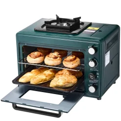 VEVOR Outdoor Oven, 2-in-1 Portable Gas Camping Stove Oven Combo, Adjustable Fire, 60-Minute Timer, Windproof, with Grill Shelf and Roasting Tray, for Camping Gear Backyard Picnic Outdoor Cooking