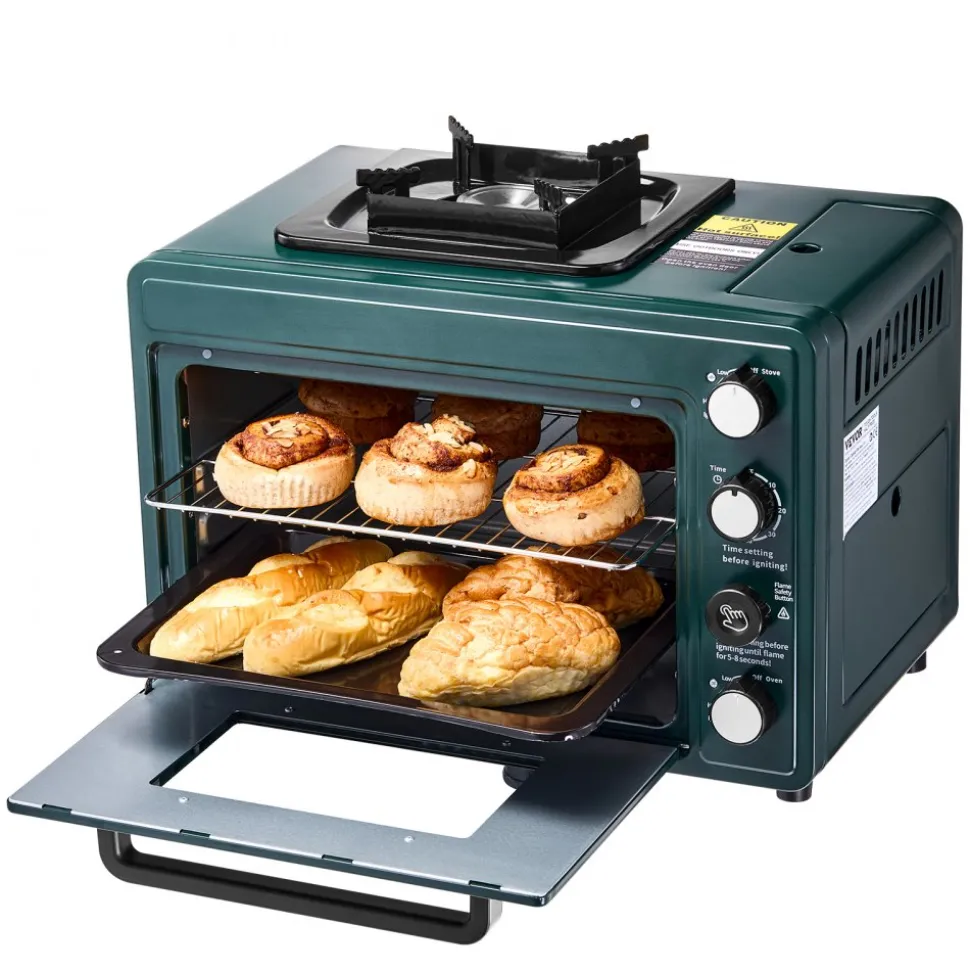 VEVOR Outdoor Oven, 2-in-1 Portable Gas Camping Stove Oven Combo, Adjustable Fire, 60-Minute Timer, Windproof, with Grill Shelf and Roasting Tray, for Camping Gear Backyard Picnic Outdoor Cooking